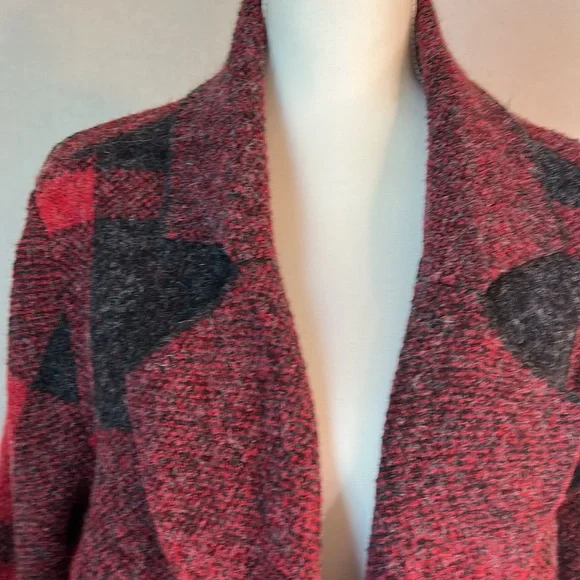 Allie & Rob Collared Lightweight Red Black Paid Open Front Pocket Cardigan Sz XL - Picture 2 of 10